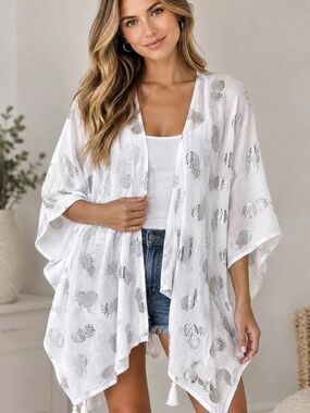 White Waves Printed Open Front Kimono